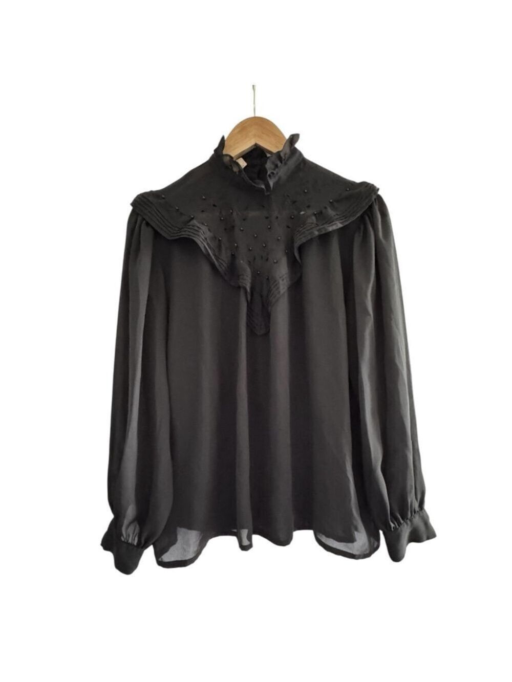 Vintage Romantic Sheer Black Blouse Prairie Goth High Neck Beaded